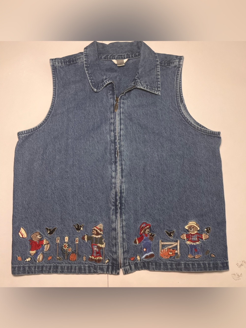 Halloween/Fall Blue Denim Bear Embroidered Zip-Front Vest